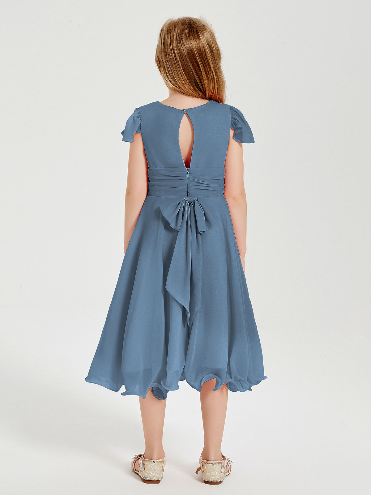 Chiffon Tea Length Junior Bridesmaid Dresses Slate Blue